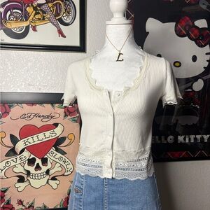 Off White Lace Trim Button Up Top